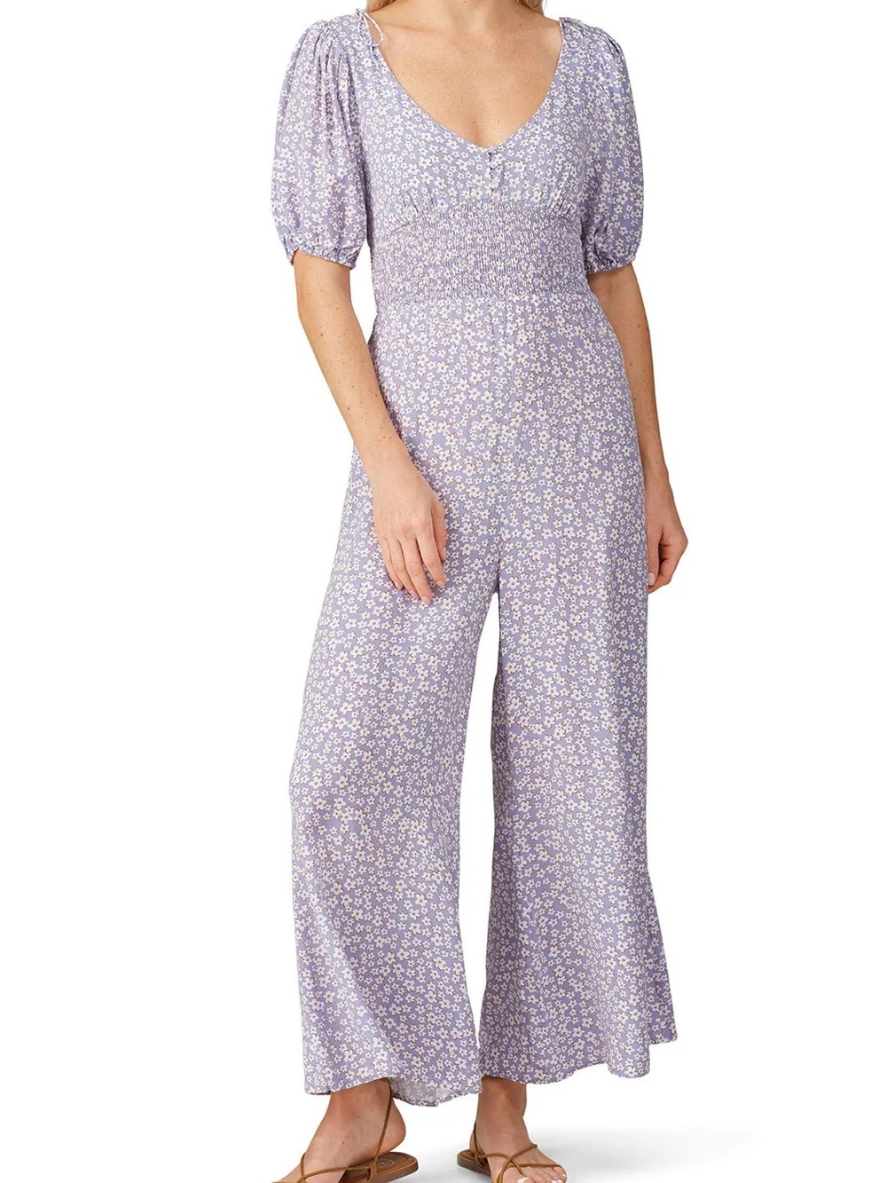 Auguste The Label Lilac Floral Puff-Sleeve Jumpsuit